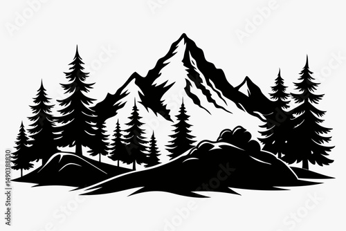 mountain and trees landscape silhouette line art vector illustration with a white background