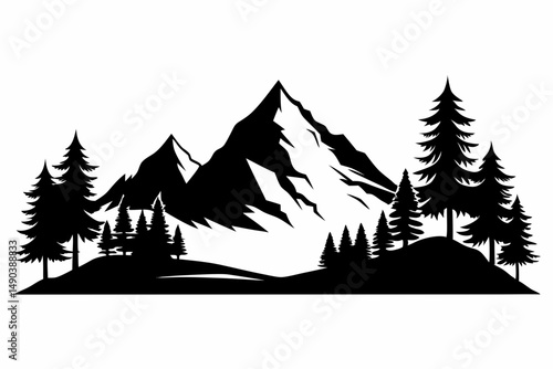 mountain and trees landscape silhouette line art vector illustration with a white background
