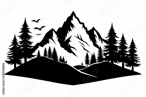 mountain and trees landscape silhouette line art vector illustration with a white background