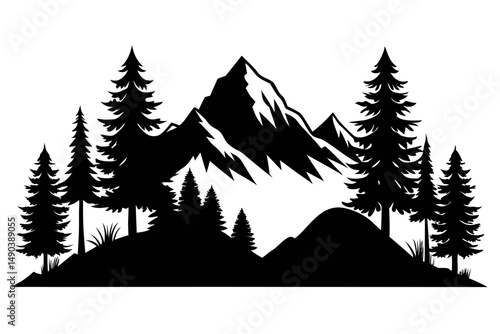 mountain and trees landscape silhouette line art vector illustration with a white background