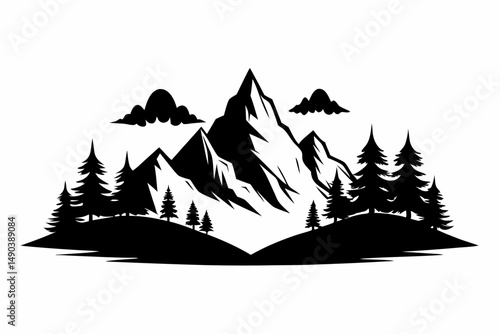 mountain and trees landscape silhouette line art vector illustration with a white background