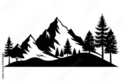 mountain and trees landscape silhouette line art vector illustration with a white background