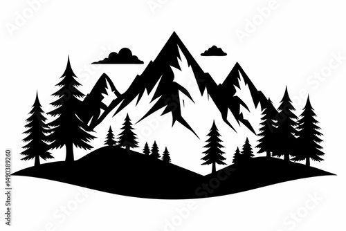 mountain and trees landscape silhouette line art vector illustration with a white background