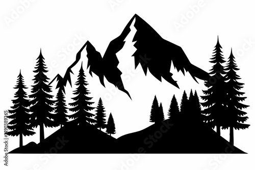 mountain and trees landscape silhouette line art vector illustration with a white background