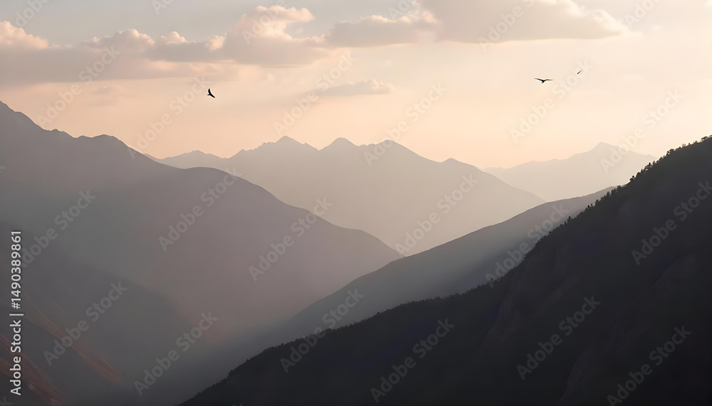 Obraz premium Misty mountain range background at dawn with layered silhouettes of peaks and a subtle gradient sky