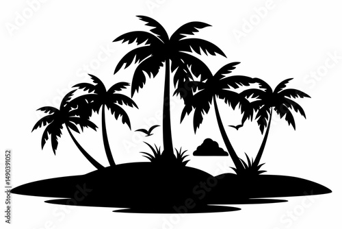 tropical island silhouette line art vector illustration with a white background