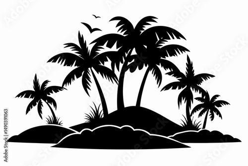 tropical island silhouette line art vector illustration with a white background