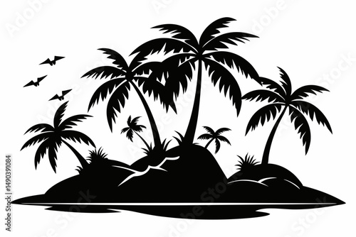 tropical island silhouette line art vector illustration with a white background
