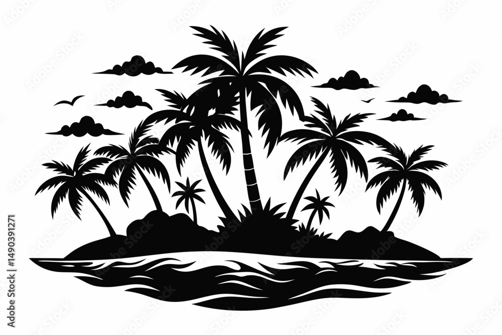 tropical island silhouette line art vector illustration with a white background tropical island silhouette line art vector illustration with a white background