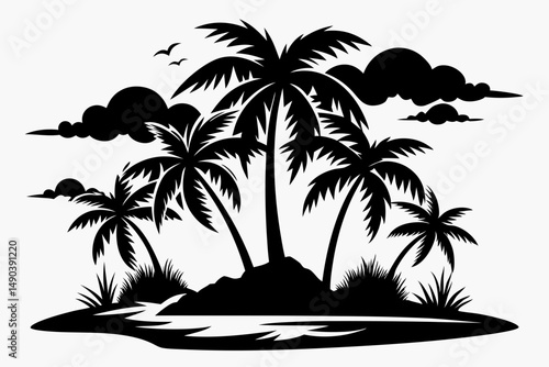 tropical island silhouette line art vector illustration with a white background