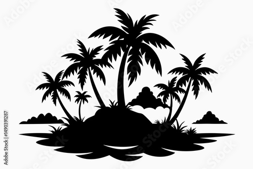 tropical island silhouette line art vector illustration with a white background