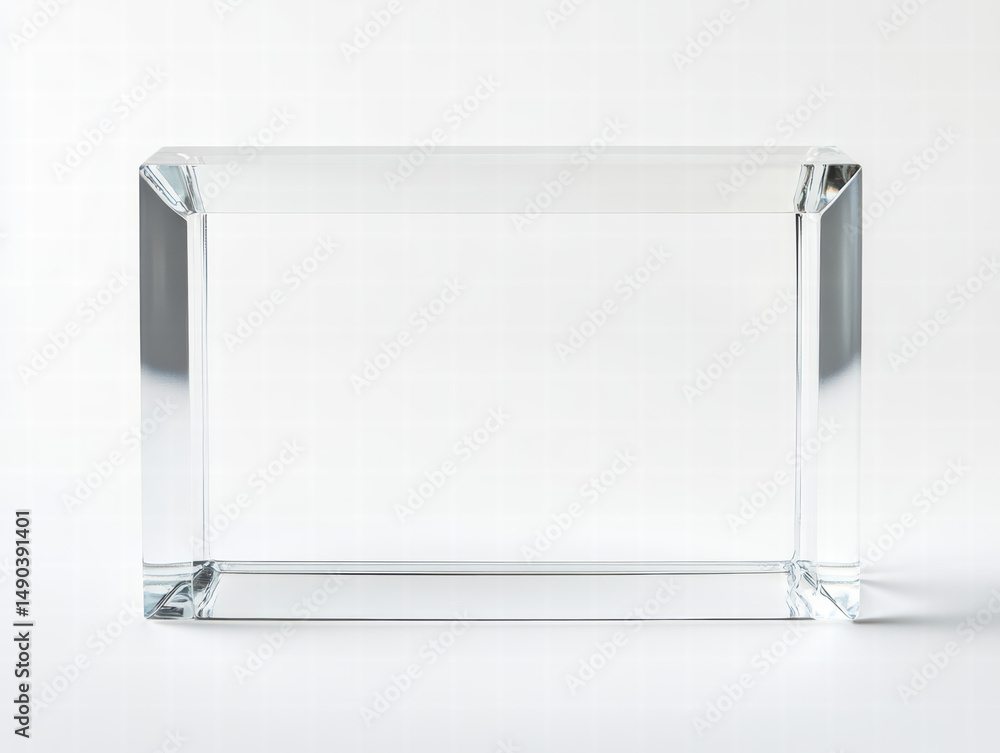 Transparent Glass Display: A pristine, rectangular transparent glass object, presenting a clean and minimalist design. Its reflective surfaces capture and refract light. Transparent Glass Display: A pristine, rectangular transparent glass object, presenting a clean and minimalist design. Its reflective surfaces capture and refract light.