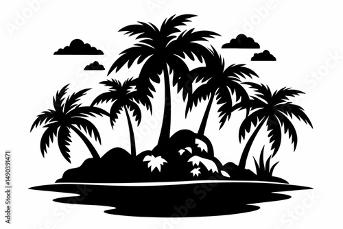 tropical island silhouette line art vector illustration with a white background