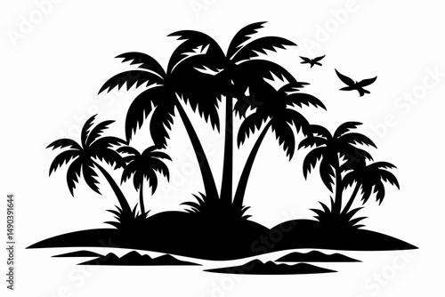 tropical island silhouette line art vector illustration with a white background