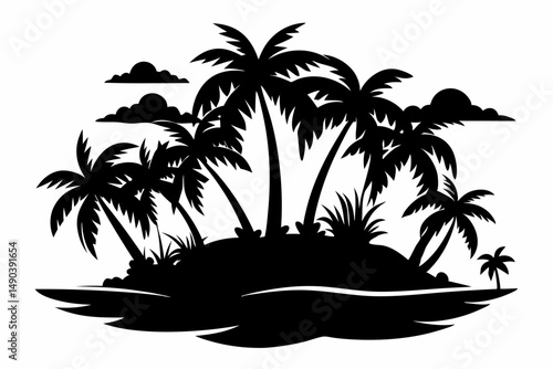 tropical island silhouette line art vector illustration with a white background