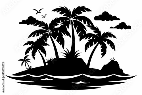 tropical island silhouette line art vector illustration with a white background