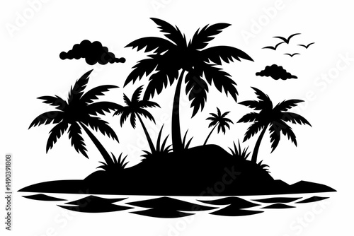 tropical island silhouette line art vector illustration with a white background