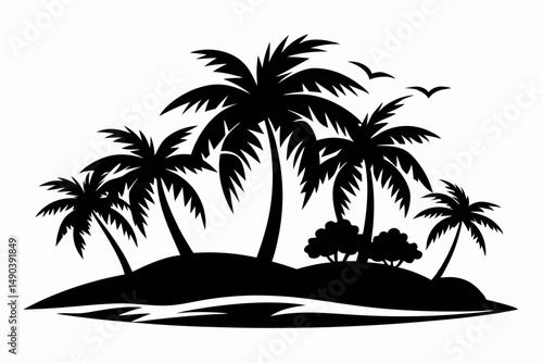 tropical island silhouette line art vector illustration with a white background