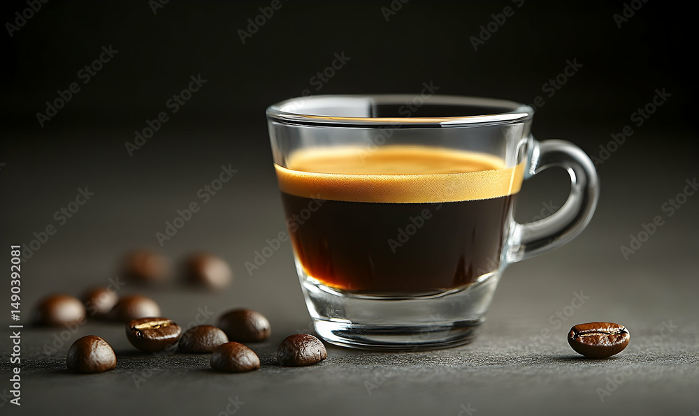 Espresso shot in glass cup with coffee beans Espresso shot in glass cup with coffee beans