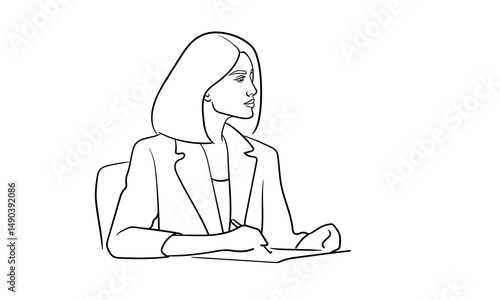 Symbol of justice and order continious line art drawing. Libra or law identity concept. Woman judge holds a judge's gavel in her hand. Vector illustartion