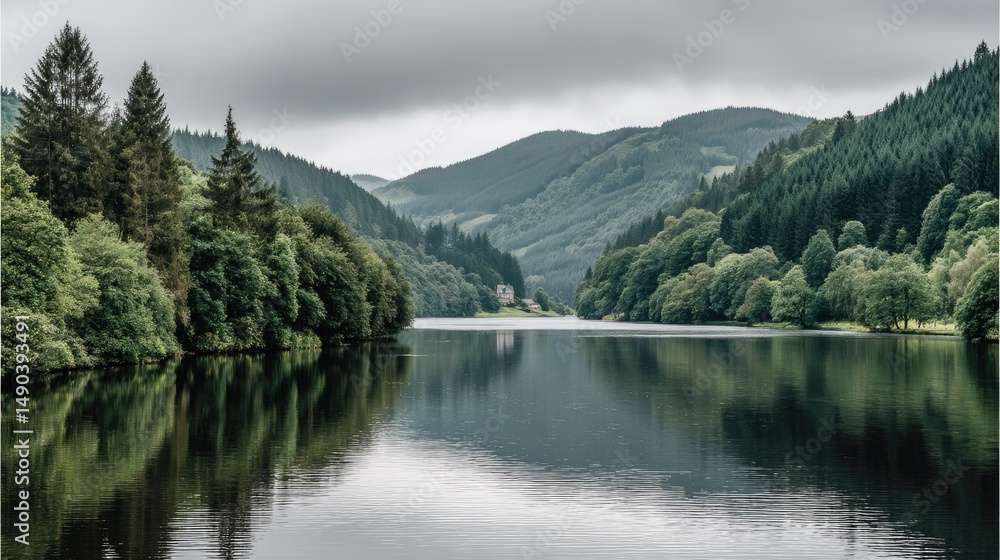 Tranquil Waters Reflect Verdant Mountains Under Cloudy Sky Tranquil Waters Reflect Verdant Mountains Under Cloudy Sky