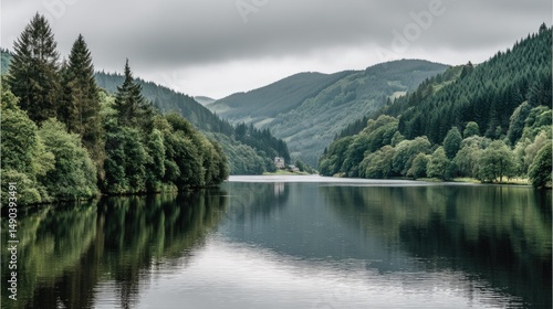 Tranquil Waters Reflect Verdant Mountains Under Cloudy Sky