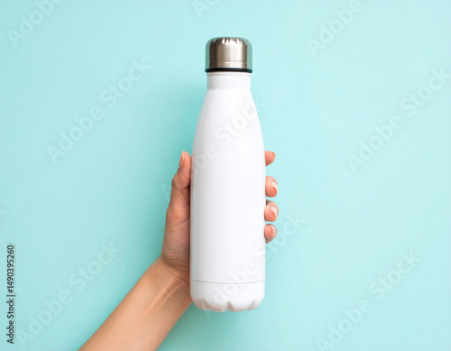 Close-Up of Female Hand Holding White Reusable Stainless Steel Thermo Water Bottle Outdoors