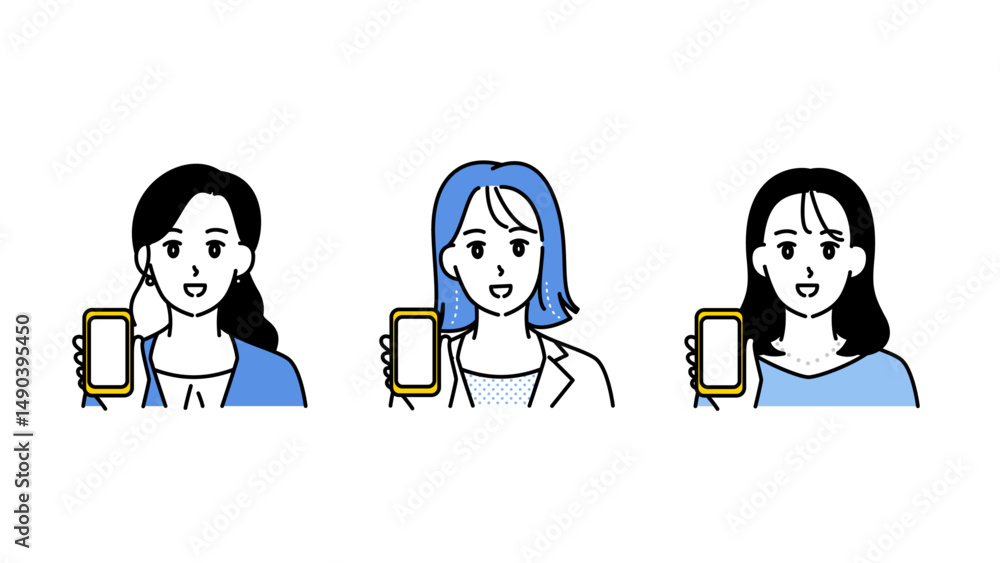 Naklejka premium スマホの画面を向ける3人の女性のイラストセットA