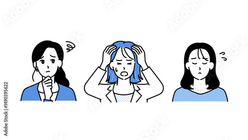 悩み・混乱・不安を表すビジネス女性3人のイラストセットA