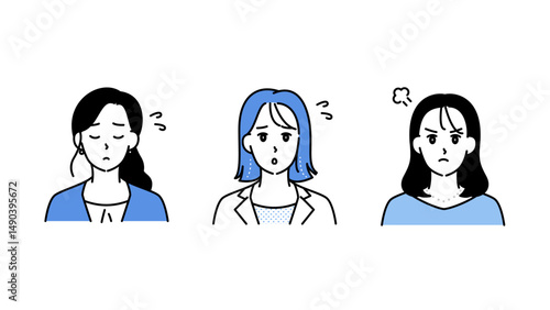 悩み・混乱・不安を表すビジネス女性3人のイラストセットC