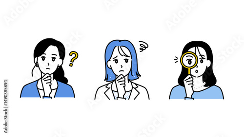 疑問・考察・調査する女性3人のビジネスイラストセットA