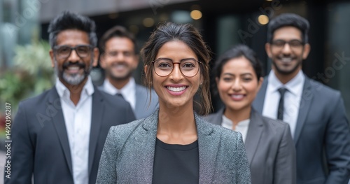 Group of Happy Multiethnic Indian Team of Female and Male Managers, Specialists and Business Professionals Posing for Camera and Smiling. Portrait of a Confident South Asian Team Leader Standing First