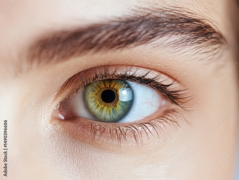 Fototapeta premium Detailed close up view of a human eye with green and brown iris and defined eyelashes