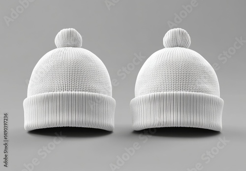 Two identical white knitted beanie hats with pom-poms, displayed against a neutral grey background, showcasing their ribbed texture and simple design