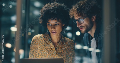 Portrait of Two Creative Young Female and Male Engineers Using Laptop Computer to Analyze and Discuss How to Proceed with the Artificial Intelligence Software. Standing in High Tech Research Office