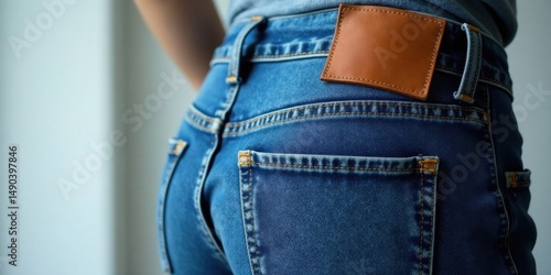 Wallpaper Mural Close-up view of the back pockets of stylish denim jeans featuring a unique leather patch detail, showcasing the texture and stitching of the fabric Torontodigital.ca
