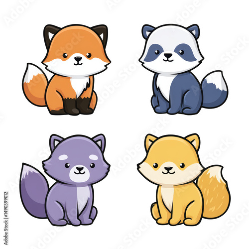 Adorable cartoon animals featuring fox, raccoon, wolf, and cat characters in vibrant colors on a black background