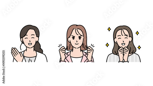 モチベーションと笑顔あふれるビジネス女性3人のイラストセットB2