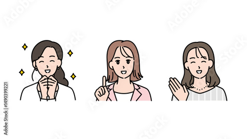 モチベーションと笑顔あふれるビジネス女性3人のイラストセットB2