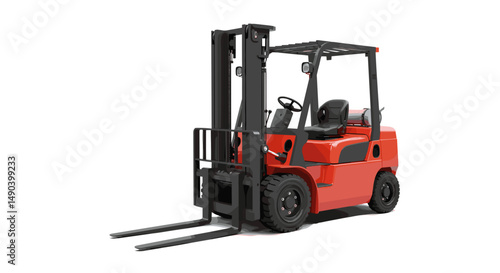 Red forklift truck parked with upright forks on a white background  