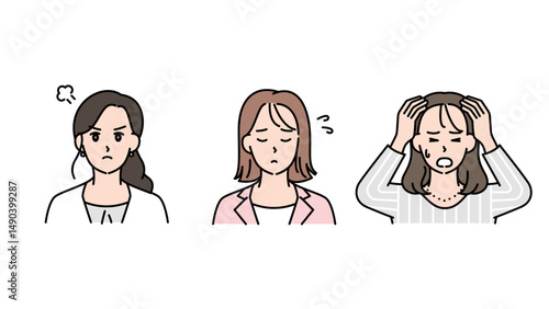 悩み・混乱・不安を表すビジネス女性3人のイラストセットB2