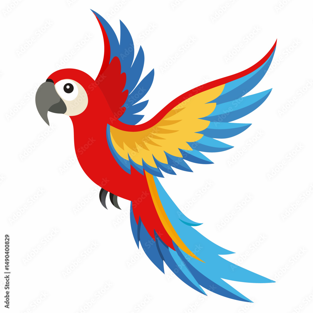 Obraz premium Cute cartoon flying colorful macaw parrot isolated on white background. Suitable for educational poster, logo, children's books and encyclopedias. Children's picture. Vector illustration.Side view 
