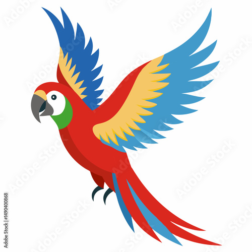 Cute cartoon flying colorful macaw parrot isolated on white background. Suitable for educational poster, logo, children's books and encyclopedias. Children's picture. Vector illustration.Side view	