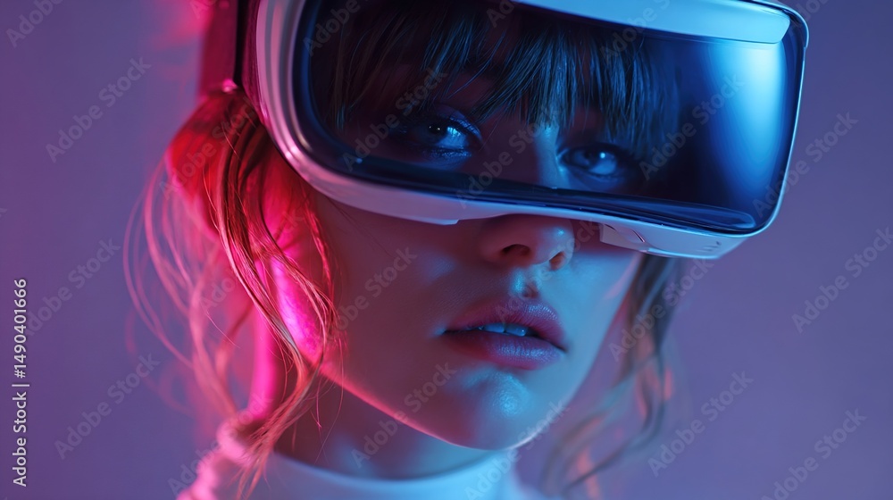 Young Creative Female Wearing a Virtual Reality Headset at Home. Woman Enters Digital Internet 3D Universe with Avatars. Next Generation Immersive Social Media Online Metaverse Platform. High quality Young Creative Female Wearing a Virtual Reality Headset at Home. Woman Enters Digital Internet 3D Universe with Avatars. Next Generation Immersive Social Media Online Metaverse Platform. High quality