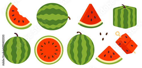 Fresh watermelons with red cubes, slices, and scattered seeds on white background, great for summer food, playful visuals, and creative educational or game themes
