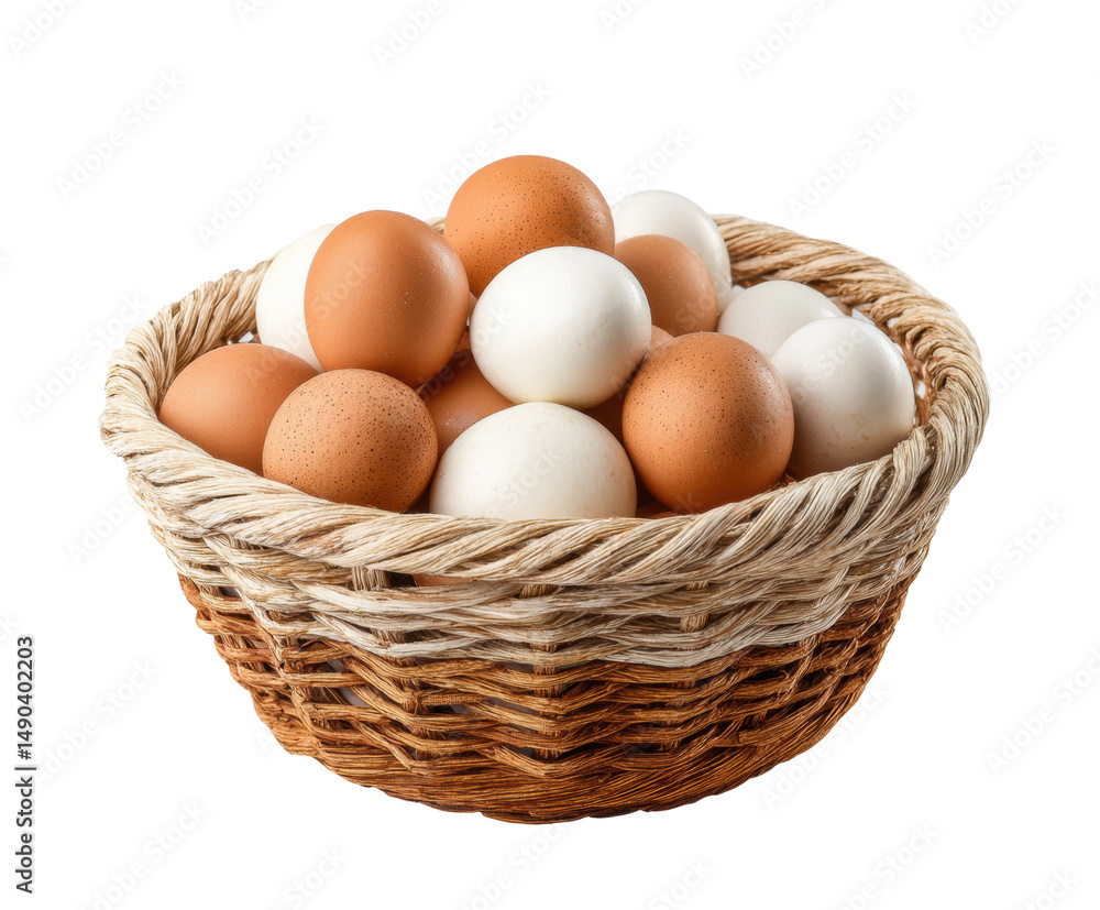 Variety of fresh eggs in a woven basket for culinary use on a transparent background, cut out Variety of fresh eggs in a woven basket for culinary use on a transparent background, cut out