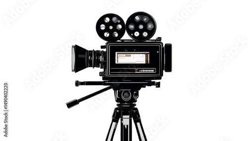 Retro black movie camera, an old cinema technology object, isolated on a studio stand