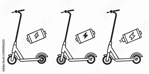 Electric scooter charging and battery icon set clean outline vector illustration