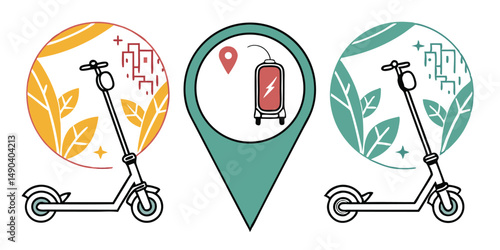 Stylish electric scooter illustration with modern city elements and botanical features