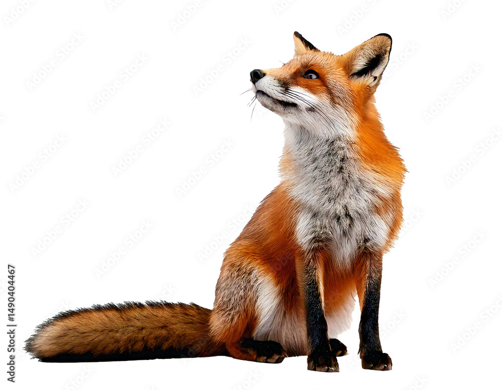 Fototapeta premium Fox, sitting and gazing upward, appears separated on a pure white background—natural, clean, and ideal for creative design, presentations, posters, educational use, or wildlife-themed visual content a